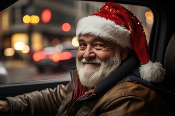 Taxi driver in holiday attire cruising the city in decorated cab 