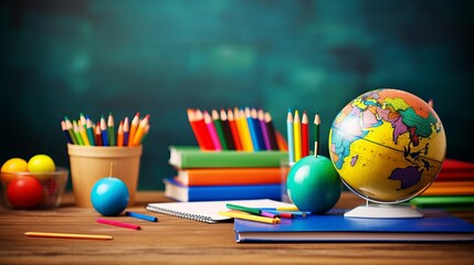 primary education essentials - school table with pencils, colored pencils, world ball, and books, background blackboard - obrazy, fototapety, plakaty