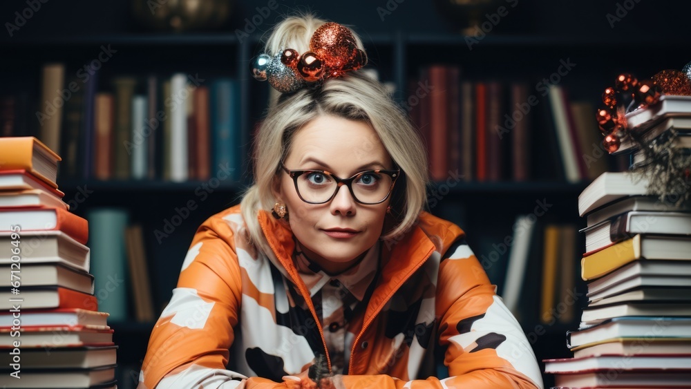 Aufkleber librarian in new years costume sorting books background with empty space for text
