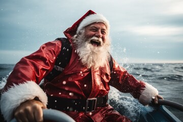 Fisherman in New Years attire catching fish on festive boat trip isolated on a white background 
