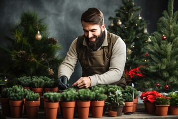 Gardener in New Years attire planting festive plants isolated on a white background 