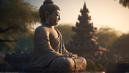 Fototapeta premium Meditating statue in ancient pagoda, a tranquil scene at sunset generated by AI