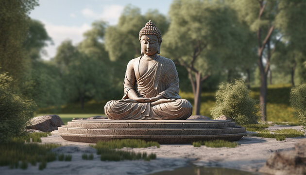 Tranquil Buddha statue meditating in lotus position amidst nature harmony generated by AI