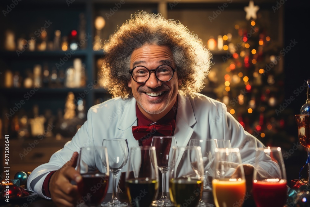 Aufkleber scientist performing experiments in new years attire background with empty space for text