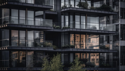 Modern glass skyscraper reflects futuristic cityscape at nightfall generated by AI