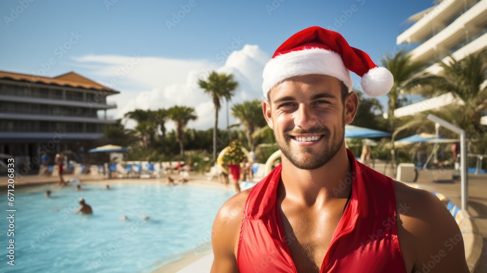 Poster lifeguard in new years attire overseeing holiday pool party background with empty space for text