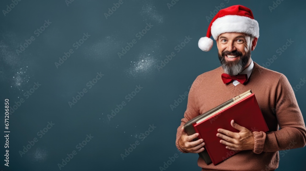 Poster teacher in holiday attire conducting new year lesson background with empty space for text