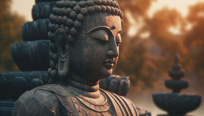 Fototapeta premium Meditating statue in tranquil pagoda, symbolizing spirituality and harmony generated by AI