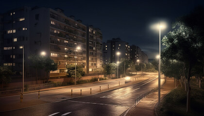 City life in motion  Dusk illuminates modern architecture and traffic generated by AI