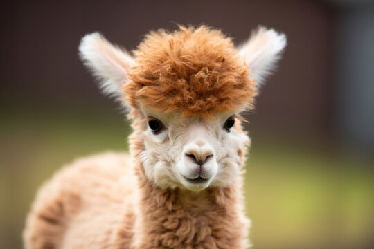 A baby alpaca with fluffy fur, focus on the fur and eyes