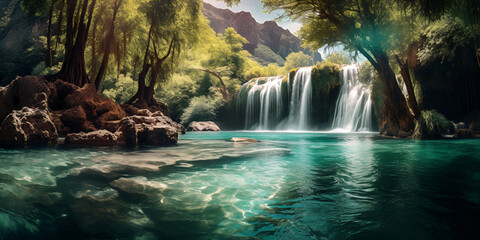 waterfall in the forest  Panoramic View of a Majestic Deep Forest Waterfall with Crystal Clear Water  Majestic waterfall mountain and wild nature in harmony generative AI

 