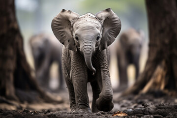 A baby elephant with its trunk up, focus on the texture and expression