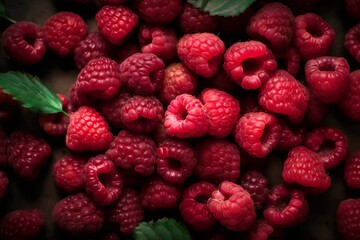 Ripe raspberries on a wooden background. Selective focus. Generative AI.