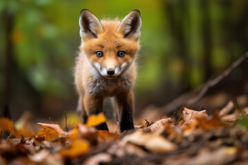 Fototapeta premium A baby fox exploring, focus on the fur and curiosity