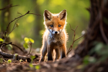 Naklejka na ściany i meble A baby fox exploring, focus on the fur and curiosity