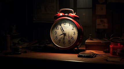 Alarm clock on the bedside table in the bedroom, neon. Generation AI