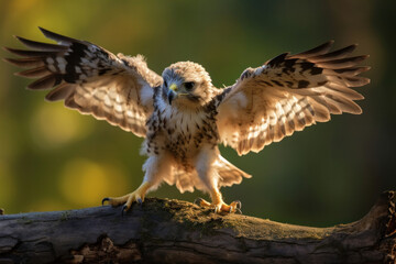 A baby hawk learning to fly, focus on the wings and expression