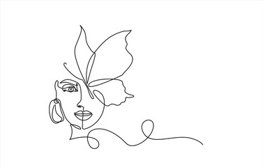 Beautiful woman face with butterfly. Abstract composition hand draw continuous line. Hand-drawn vector line-art illustration. One Line style drawing.