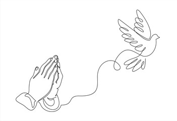 Continuous single one line drawing of Two Hands Pressed Together in Prayer Position and Flying Dove. Pray for peace. Action for Prayer, Gratitude, Greeting and Thankful Isolated on White Background