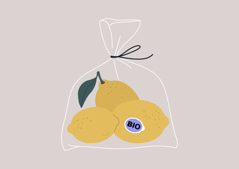 A collection of ripe lemons neatly arranged in a transparent plastic bag, forming a still life composition