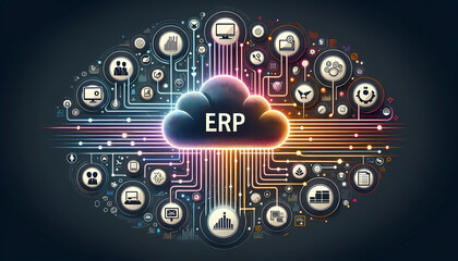 ERP Creative Illustration, ERP Cloud, Enterprise Resource Planning, Modern ERP Architecture, ERP Creative Ad, ERP High Quality Resolution - obrazy, fototapety, plakaty