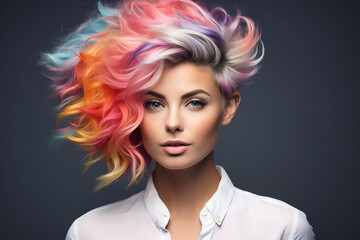 Portrait of a beautiful girl with rainbow neon asymmetric hair style on gray background.