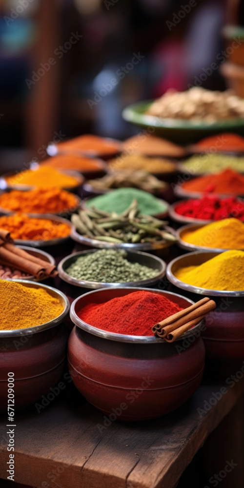Poster A table showcasing a variety of bowls filled with different types of spices. This image can be used to add flavor and enhance the visual appeal of food-related content