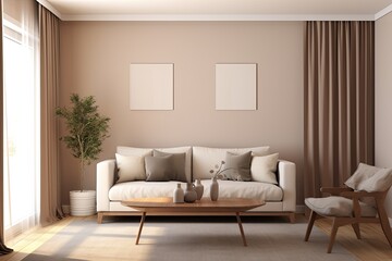 Fototapeta na wymiar a scandinavian living room held in beige and brown colors - interior design concept
