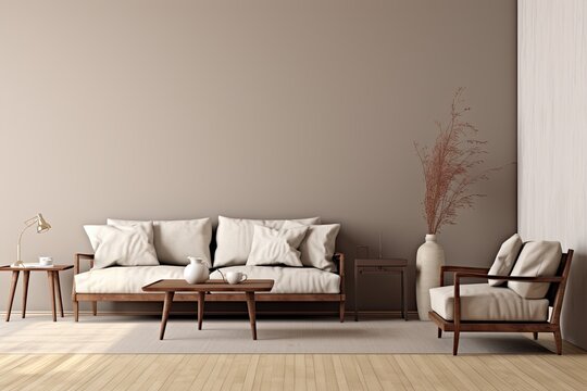 a scandinavian living room held in beige and brown colors - interior design concept
