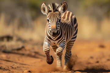 A baby zebra running, action shot capturing the stripes and speed
