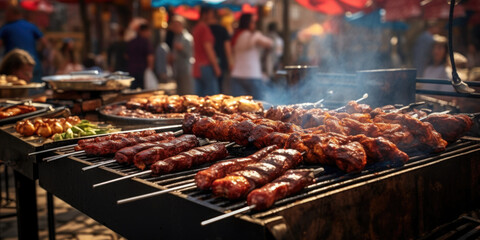 A picture of a bunch of food being cooked on a grill. This image can be used to showcase outdoor cooking, barbecues, and summer grilling.