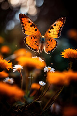 A butterfly landing on a flower, focus on the wings and petals, macro lens. Vertical photo