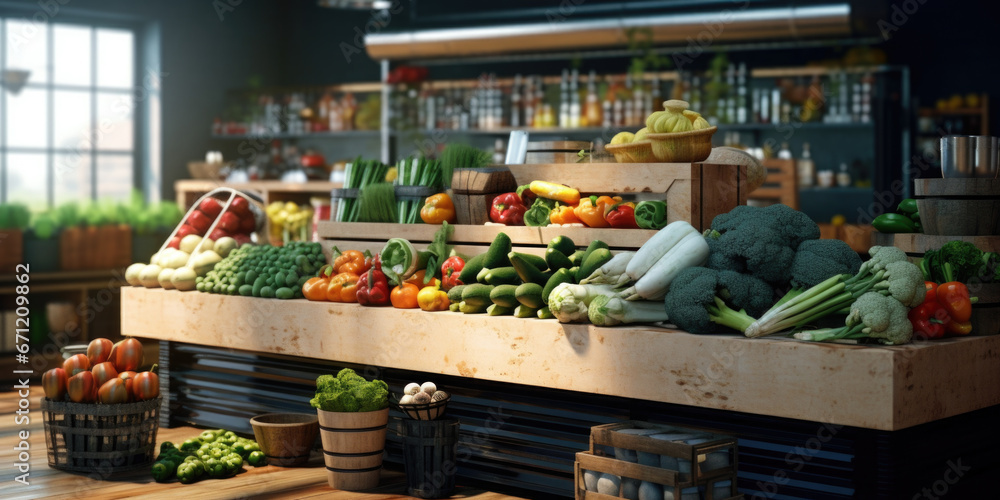 Poster a display of fresh fruits and vegetables in a grocery store. this image can be used to showcase the 