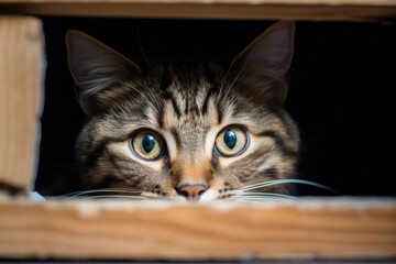 A cat hiding in a box, focus on the eyes peeking out,

