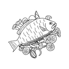 Hand drawn vector illustration of fried fish with vegetables.