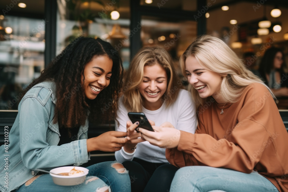 Poster three women sitting on a bench, engaged in conversation while looking at a cell phone. suitable for 