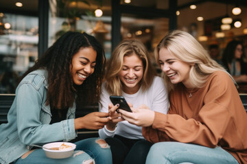 Three women sitting on a bench, engaged in conversation while looking at a cell phone. Suitable for illustrating modern social interactions and technology usage - obrazy, fototapety, plakaty