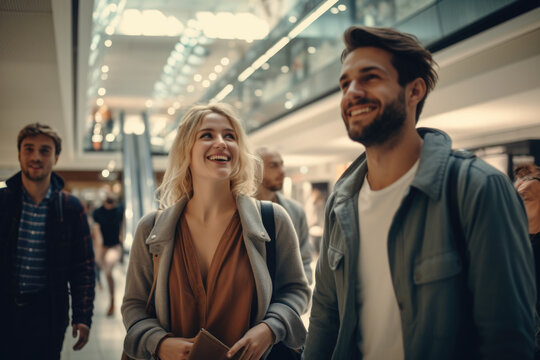 A man and a woman walking together through a bustling mall. This image can be used to represent shopping, leisure activities, or a romantic outing