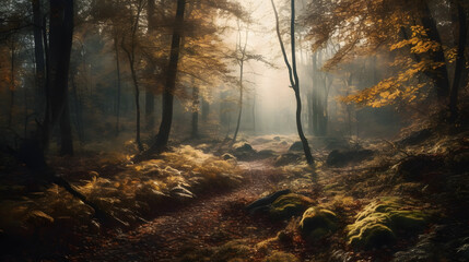 Autumn's golden burst with tall trees adorned in red, orange and yellow leaves. Sunlight filters through branches. Rocks between the lively foliage.