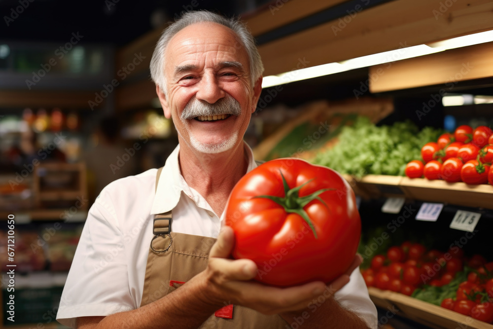 Aufkleber a man is seen holding a tomato in a grocery store. this image can be used to showcase fresh produce 