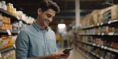 A man is seen in a grocery store, focused on his phone. This image can be used to depict modern technology use in everyday life or to illustrate the convenience of mobile shopping
