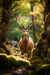 A deer in a forest, focus on the antlers and foliage. Vertical photo