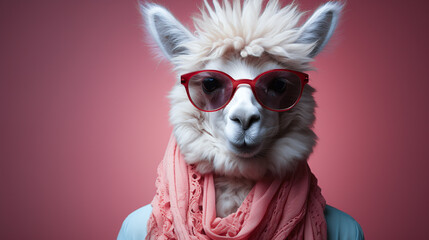 anthropomorphize funny animals  with wearing clothes - portrait alpaca - obrazy, fototapety, plakaty