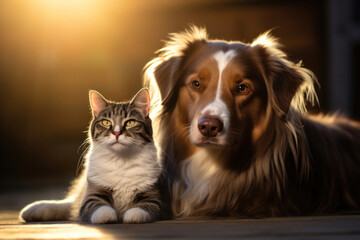 A dog and a cat sitting together, focus on their expressions, natural light