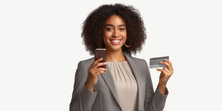 A woman is pictured holding a credit card and a cell phone. This image can be used to illustrate online shopping, mobile banking, or personal finance concepts