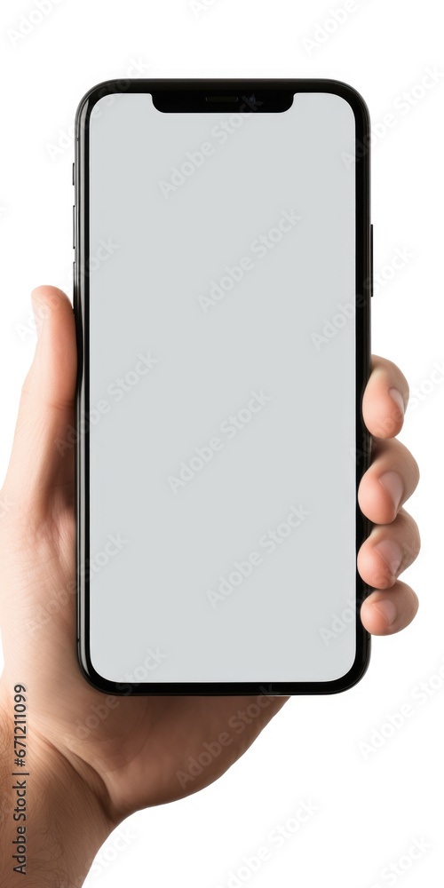 Poster a hand is holding a black phone with a white screen. this versatile image can be used to illustrate 