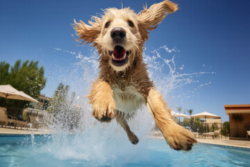 A dog jumping into a pool, action shot, high-speed photography