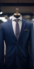 A mannequin dressed in a blue suit and tie. Perfect for showcasing men's fashion or professional attire.