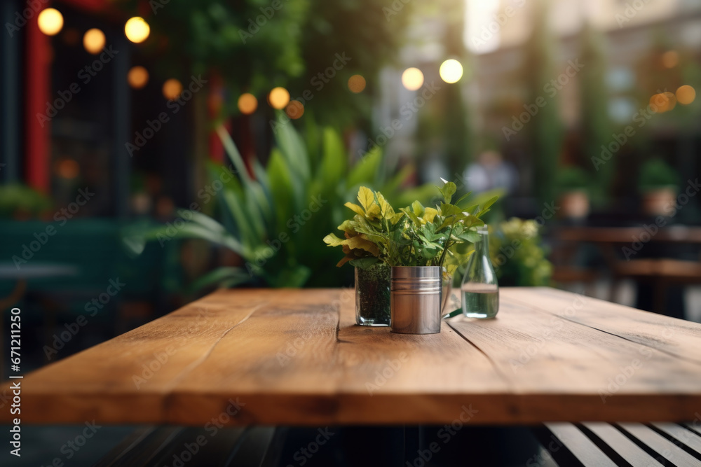 Poster a wooden table topped with a potted plant. this image can be used to showcase nature and greenery in
