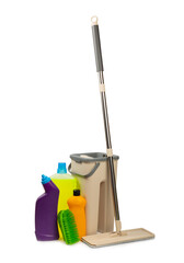 Fototapeta premium Plastic mop and bucket with cleaning supplies isolated on white background. Bottles with various detergents.Cleaning agent for windows, floor,toilets and plumbing fixtures.Cleaning of home and offices